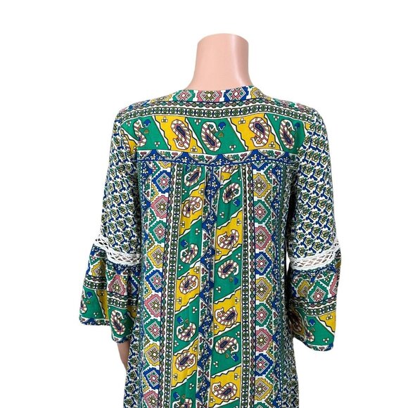Umgee Womens Boho Tunic Dress SZ M Paisley Multicolor 3/4 Bell Sleeves V-Neck - Picture 9 of 16